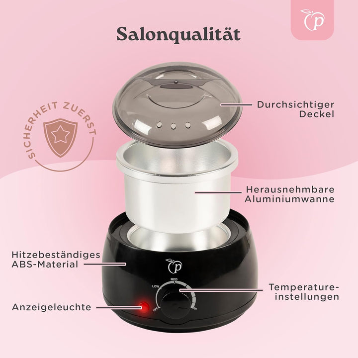 Wachswärmer | Waxing Set mit 100g Wachsperlen für Haarentfernung + 10 Spatel aus Holz + Aluminium-Wa