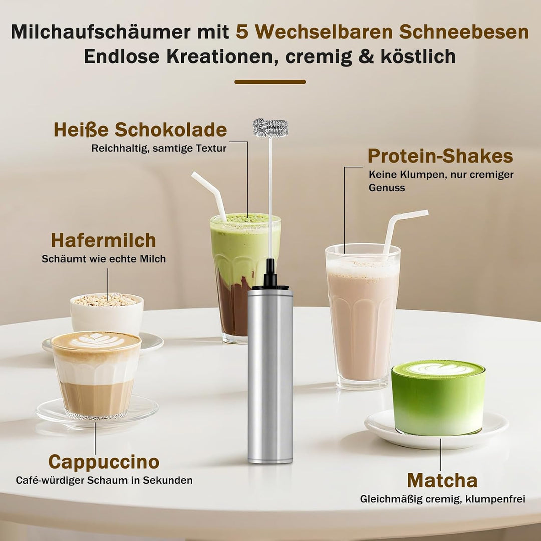 Milchschäumer Elektrisch USB-C mit 5 Wechselbaren Edelstahl-Schneebesen–2 Einstellbare Geschwindigke