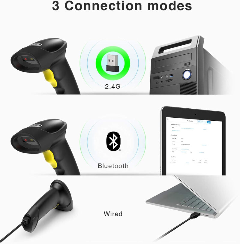 Inateck Barcode Scanner 2D Bluetooth, Wireless QR Code Scanner, 2D Imager mit 2000 mAh Akku, 1 Ladun