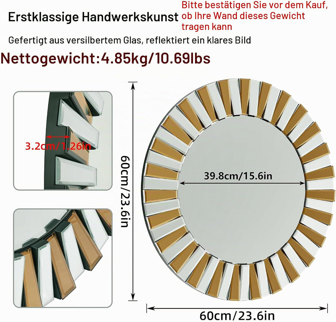 Artloge Dekorative Runder Wandspiegel 60×60cm, Gold Spiegel mit Metall Haken, Hochwertiger Badspiege
