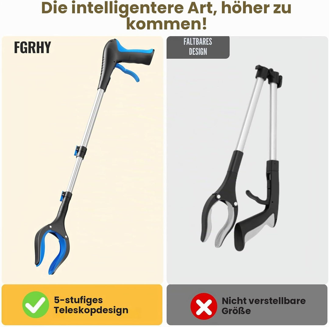 Greifzange für Senioren, Reacher - 5-stufiger Teleskop-Greifer (60-104 cm) – Leichte Greifhilfe & Mü