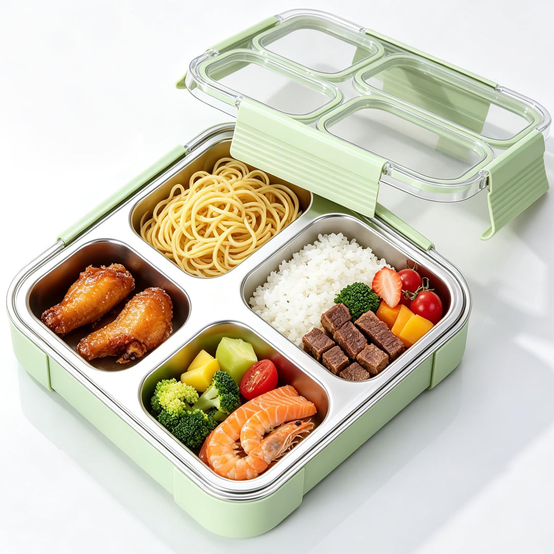 Snackbox mit Fächern Edelstahl,1080ML Snackdose mit 4 Fächern, Meal Prep Behälter Kinder, Wiederverw