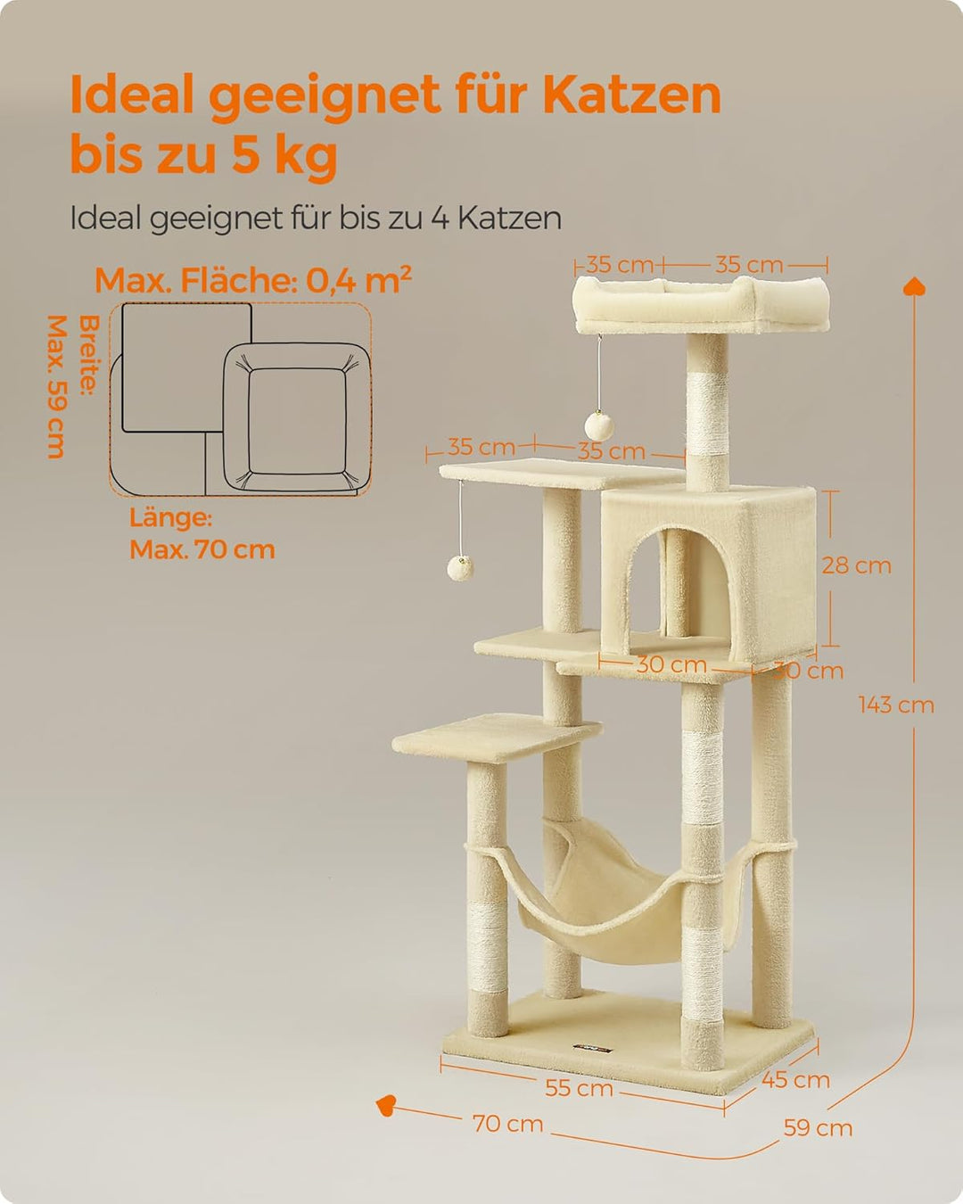 Feandrea Kratzbaum, 143 cm hoch, Katzenbaum, mehrstöckiges Katzenhaus, mit 4 Kratzsäulen, 2 Plattfor