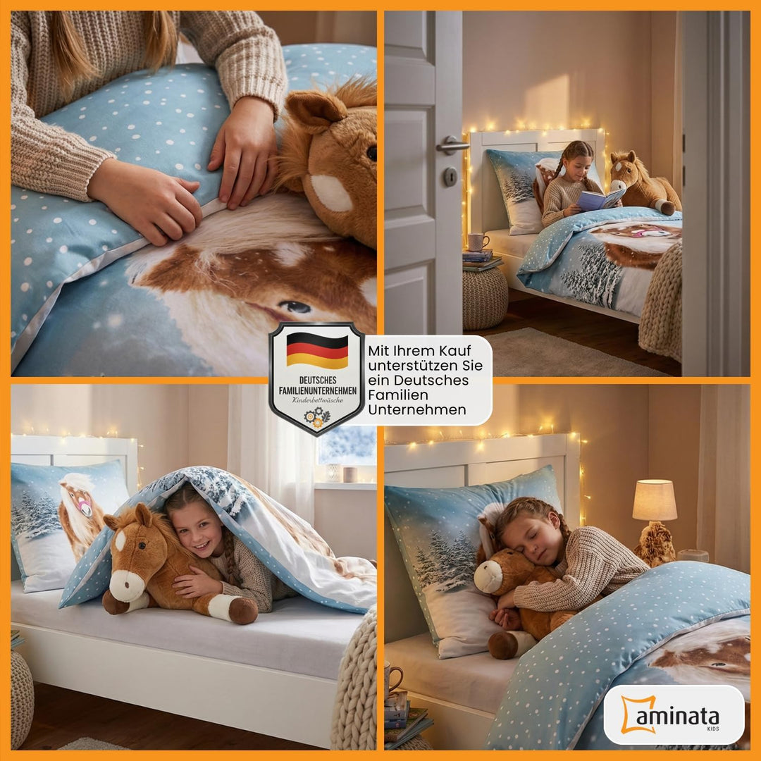Aminata kids Biber Bettwäsche 135 x 200 Kinder Pferde-Motiv Mädchen Flanell Baumwolle, Reissverschlu