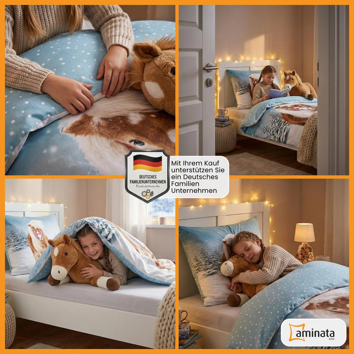 Aminata kids Biber Bettwäsche 135 x 200 Kinder Pferde-Motiv Mädchen Flanell Baumwolle, Reissverschlu