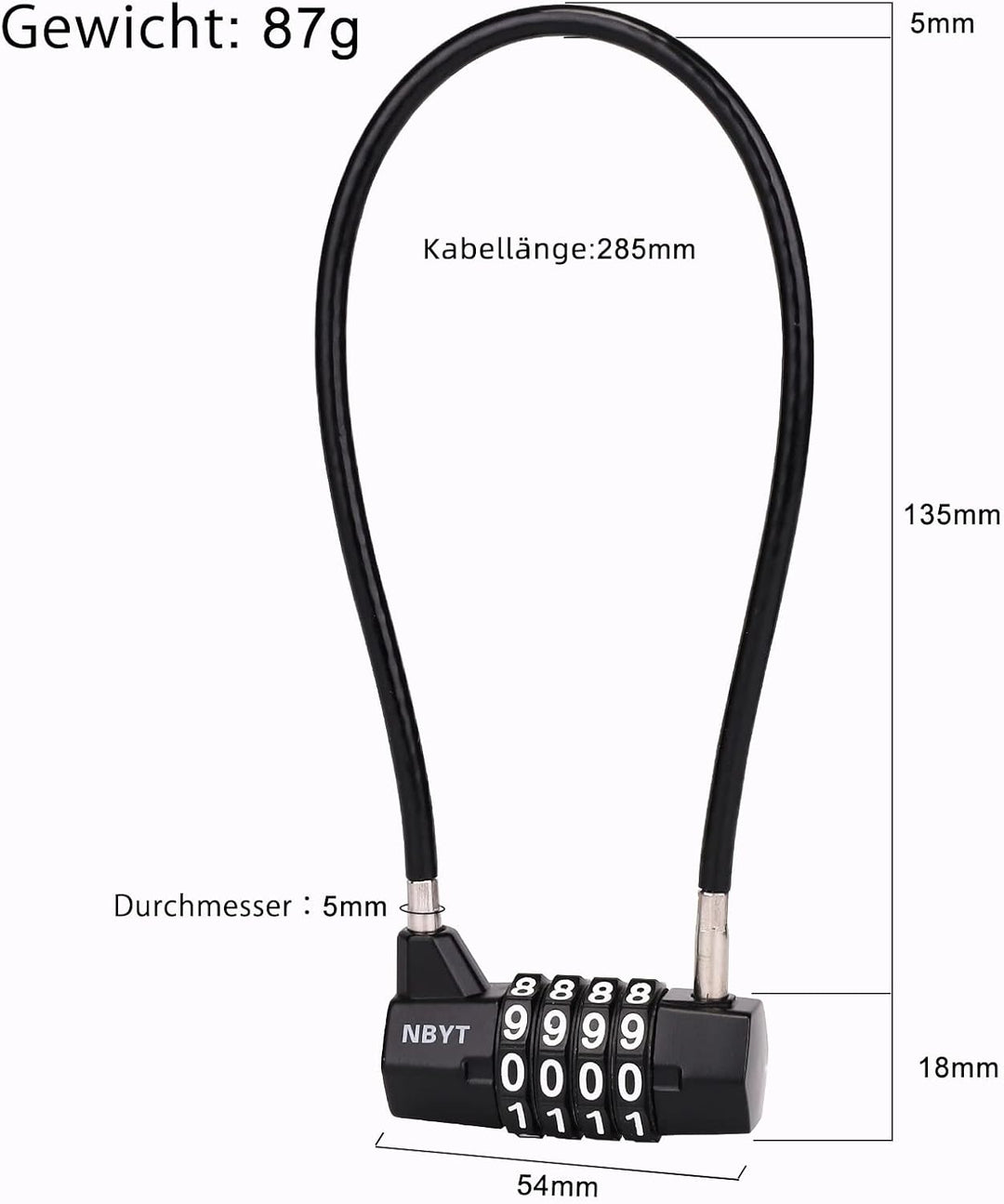 Stahlkabelseil Zahlenkombination Vorhängeschloss, Durchmesser 5mm, Länge 28cm, für Schliessfächer, A