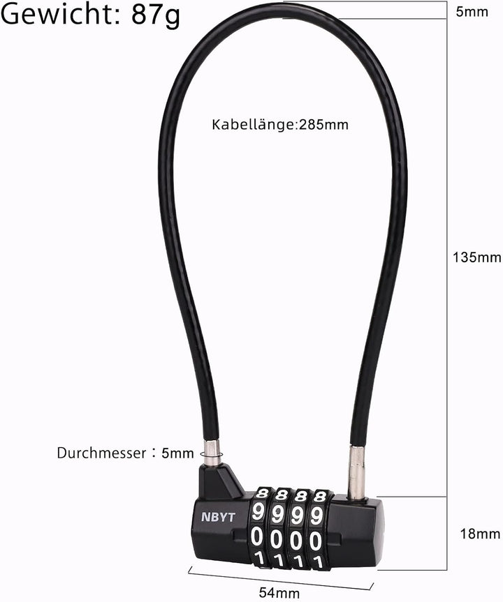 Stahlkabelseil Zahlenkombination Vorhängeschloss, Durchmesser 5mm, Länge 28cm, für Schliessfächer, A