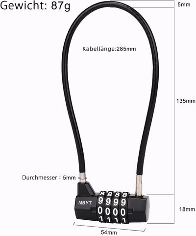NBYT Stahlkabelseil Zahlenkombination Vorhängeschloss, Durchmesser 5mm, Länge 28cm, für Schliessfäch