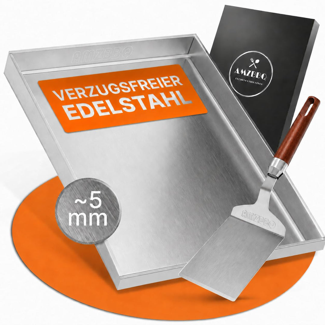 AMZBBQ® Premium Plancha Set - 40 x 30 cm - ca. 5 mm massiver Edelstahl - 20% stärker als herkömmlich