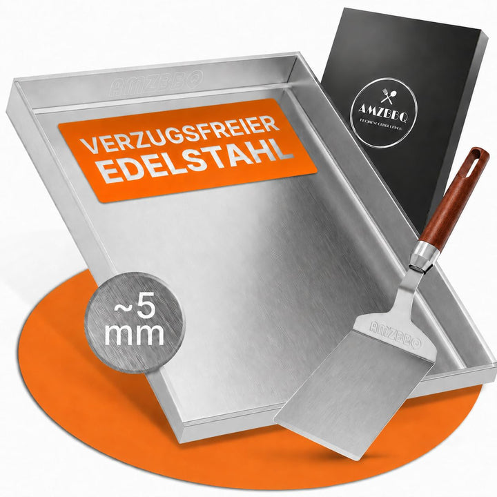 AMZBBQ® Premium Plancha Set - 40 x 30 cm - ca. 5 mm massiver Edelstahl - 20% stärker als herkömmlich