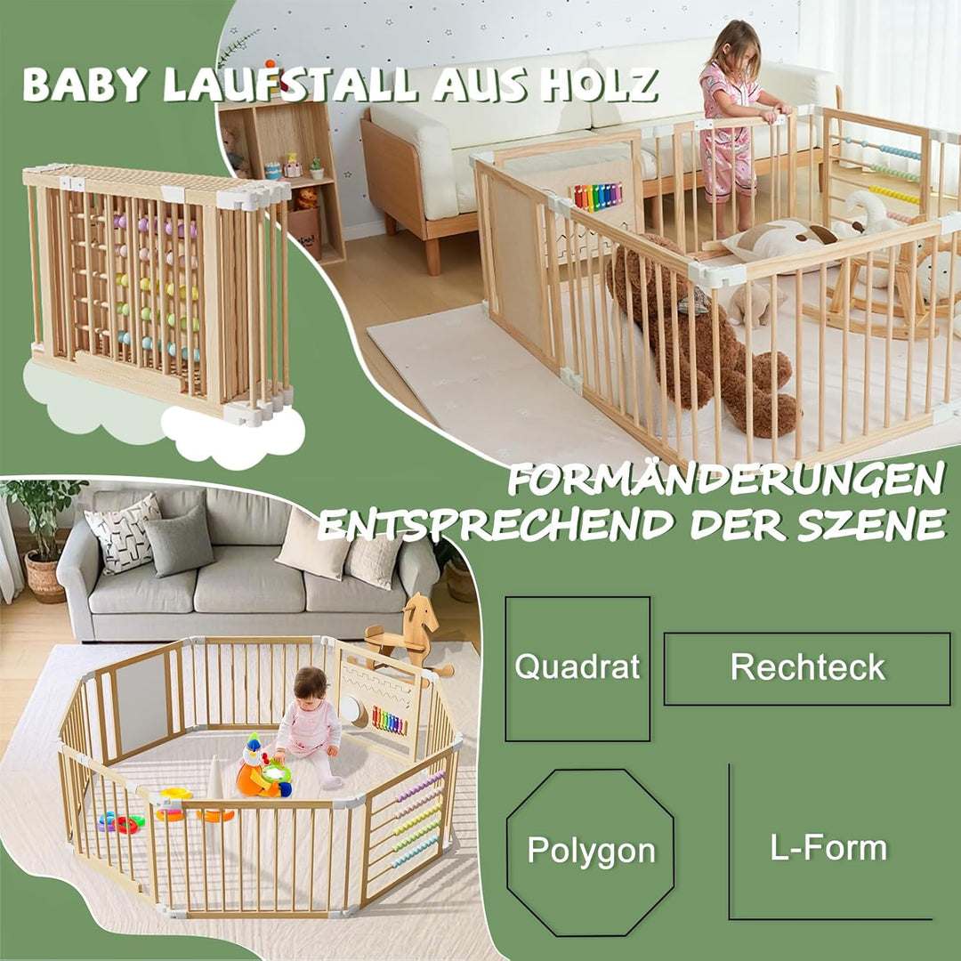 160x160x61cm Baby Laufgitter klappbar Laufstall Holz Kinder Activity Center mit Tür, musikalischem S