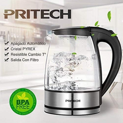 PRITECH Borosilikatglas Wasserkocher, 2200 Watt, 1,2 Liter, 360°-Sockel, Abschaltautomatik, Trockenl