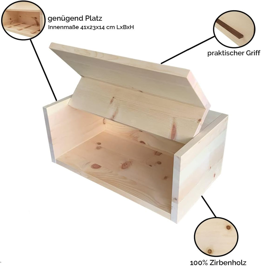 Brotkasten Vollholz mit Nussgriff und Klappdeckel - 45 x 25 x 16 cm - Vollholz