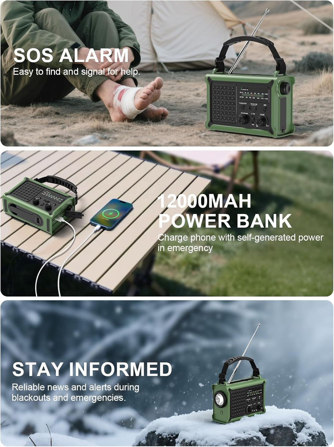 ROCAM Kurbelradio,12000mAh Notfallradio mit 8500mm² Solarpanel & 650mA Kurbel, Tragbar Solar Weltemp