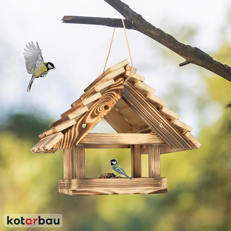 KOTARBAU® Holz-Vogelfutterhaus aus Gebranntem Holz zum Aufhängen + 0,5 kg Futter Gratis