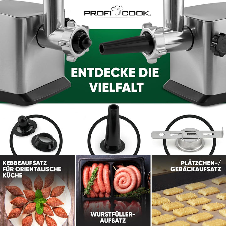 ProfiCook Fleischwolf 1200W | mit Aufsatz für Plätzchen/Spritzgebäck | Fleischwolf elektrisch | 3 Me