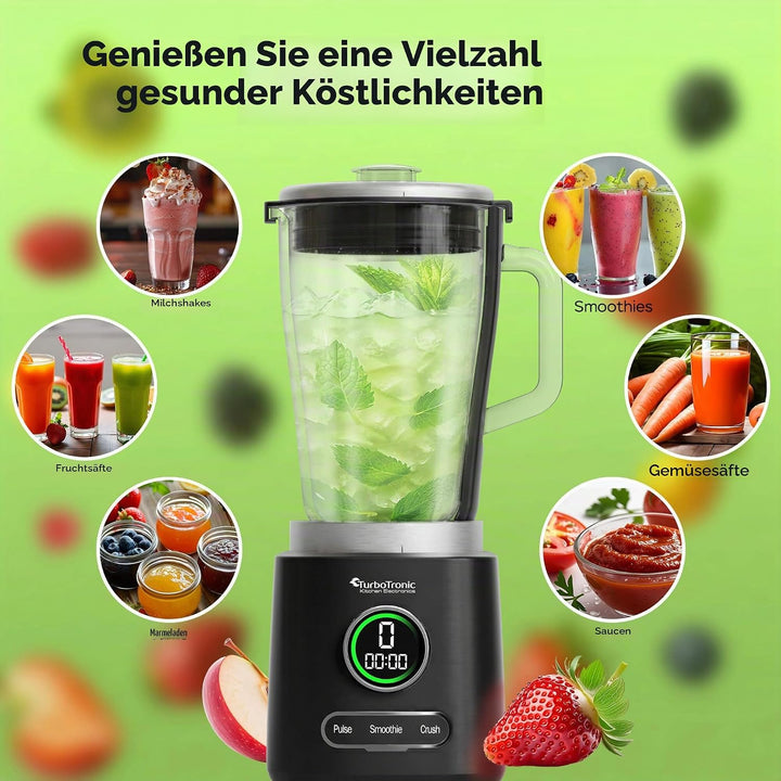 TurboTronic Standmixer - BG7-2100 Watt (25.000 RPM) mit 2,0 L Glasbehälter Edelstahl, Glas Smoothie