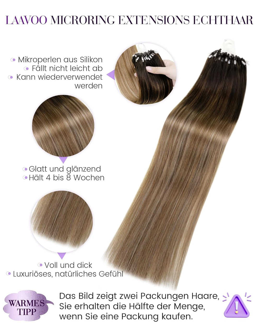 LaaVoo Microring Echthaar Extensions Ombre Dunkelstes Braun bis Mittelbraun mit Aschblond Micro Loop