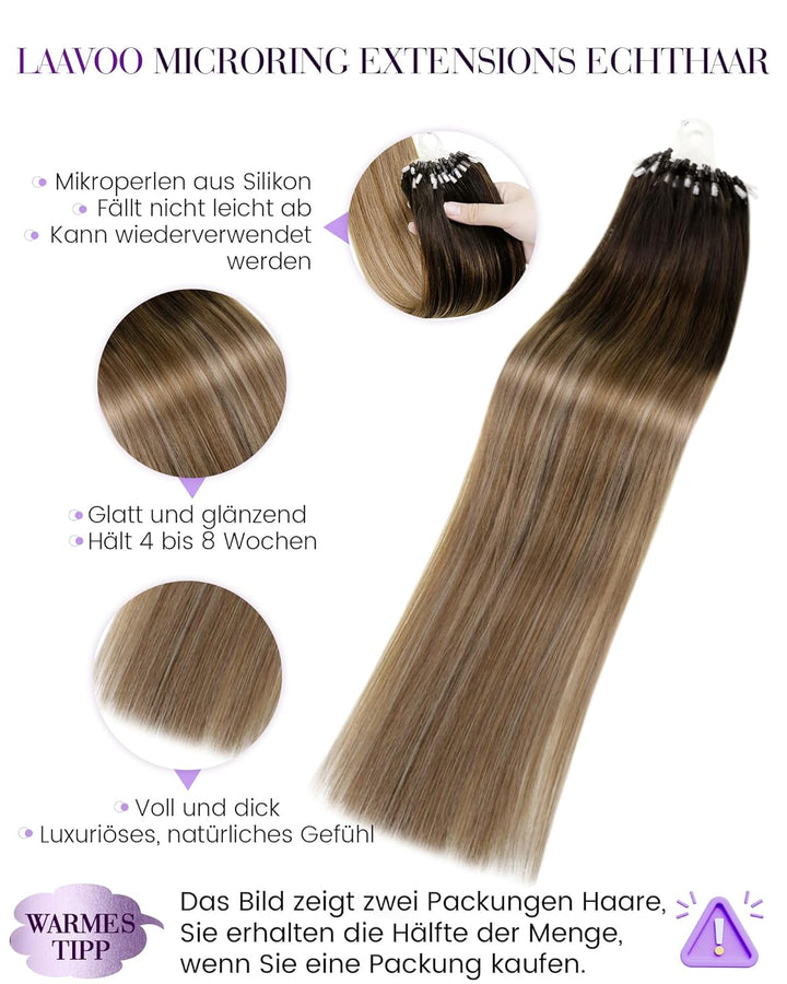 LaaVoo Microring Echthaar Extensions Ombre Dunkelstes Braun bis Mittelbraun mit Aschblond Micro Loop
