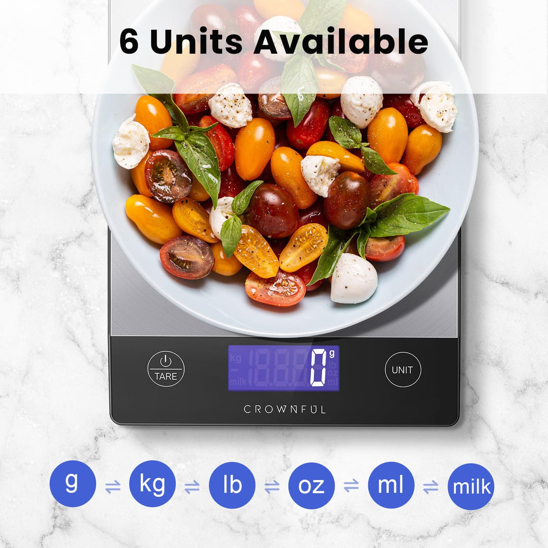 CROWNFUL Wiederaufladbare Lebensmittel-Küchenwaage, 33-Pfund-Digitalwaage, Food Scale zum Backen und