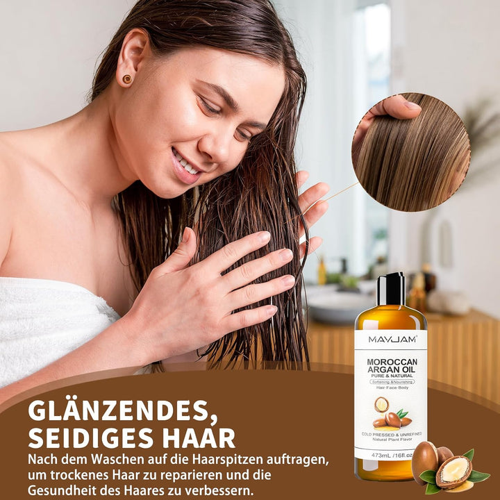 MAYJAM Arganöl Bio 473ML, Körperöl für Für Gesicht, Haut, Haare, Haaröl Arganöl Kaltgepresst Reines