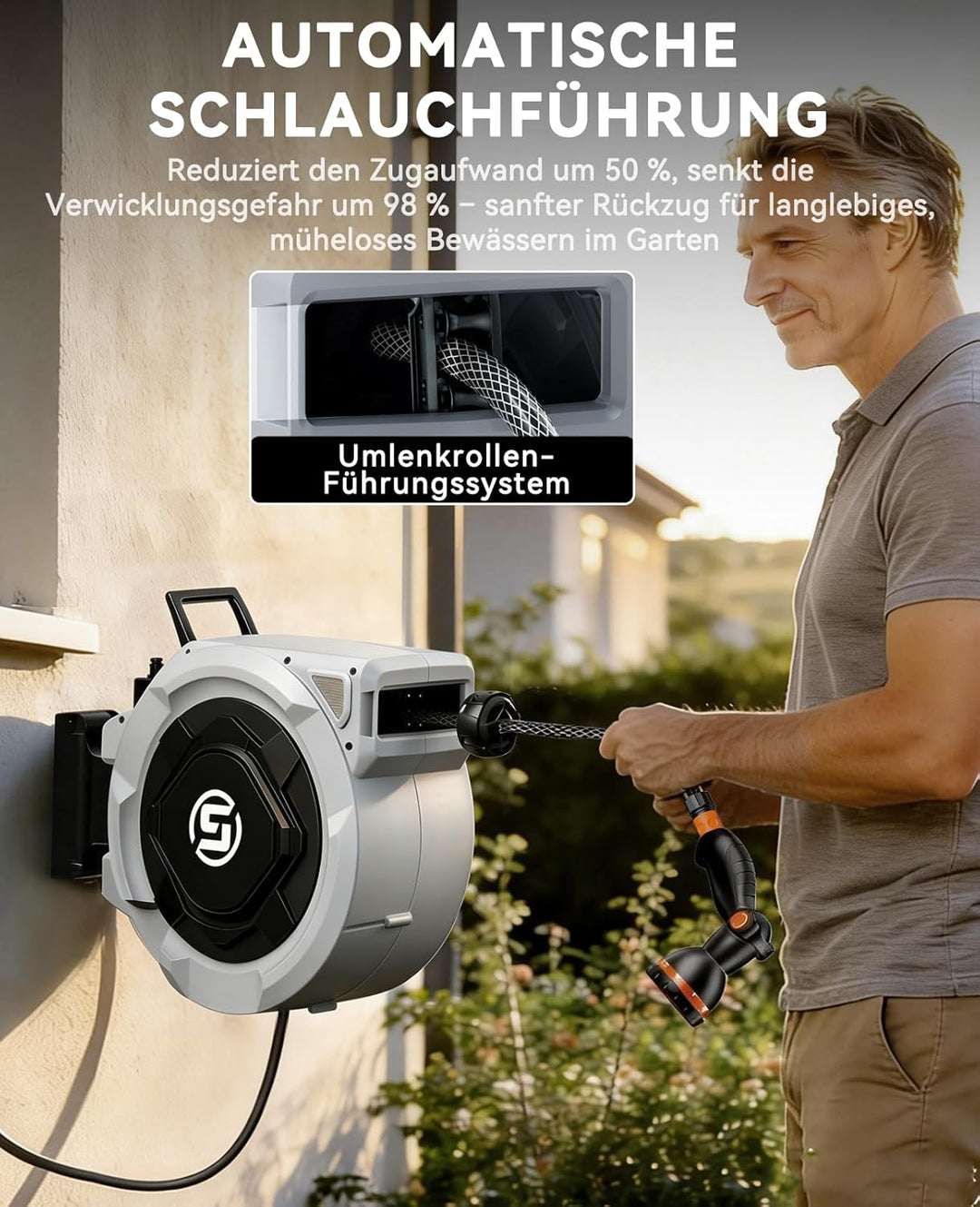 SUNPOW Schlauchtrommel Wandmontage 20 m Gartenschlauch 16 mm – Automatischer Schlauchaufroller mit A