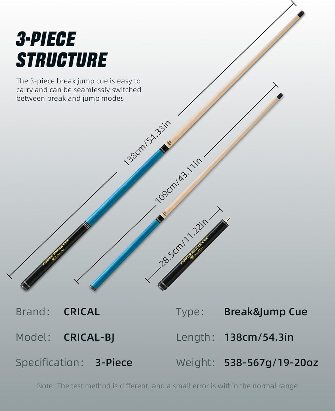 CRICAL Break Jump Billardqueue, 3-teilig, 13,5 mm Spitze, kanadischer Ahornschaft blau, Blau