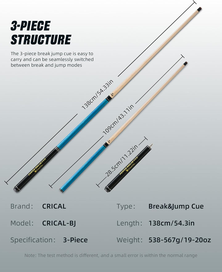 CRICAL Break Jump Billardqueue, 3-teilig, 13,5 mm Spitze, kanadischer Ahornschaft blau, Blau