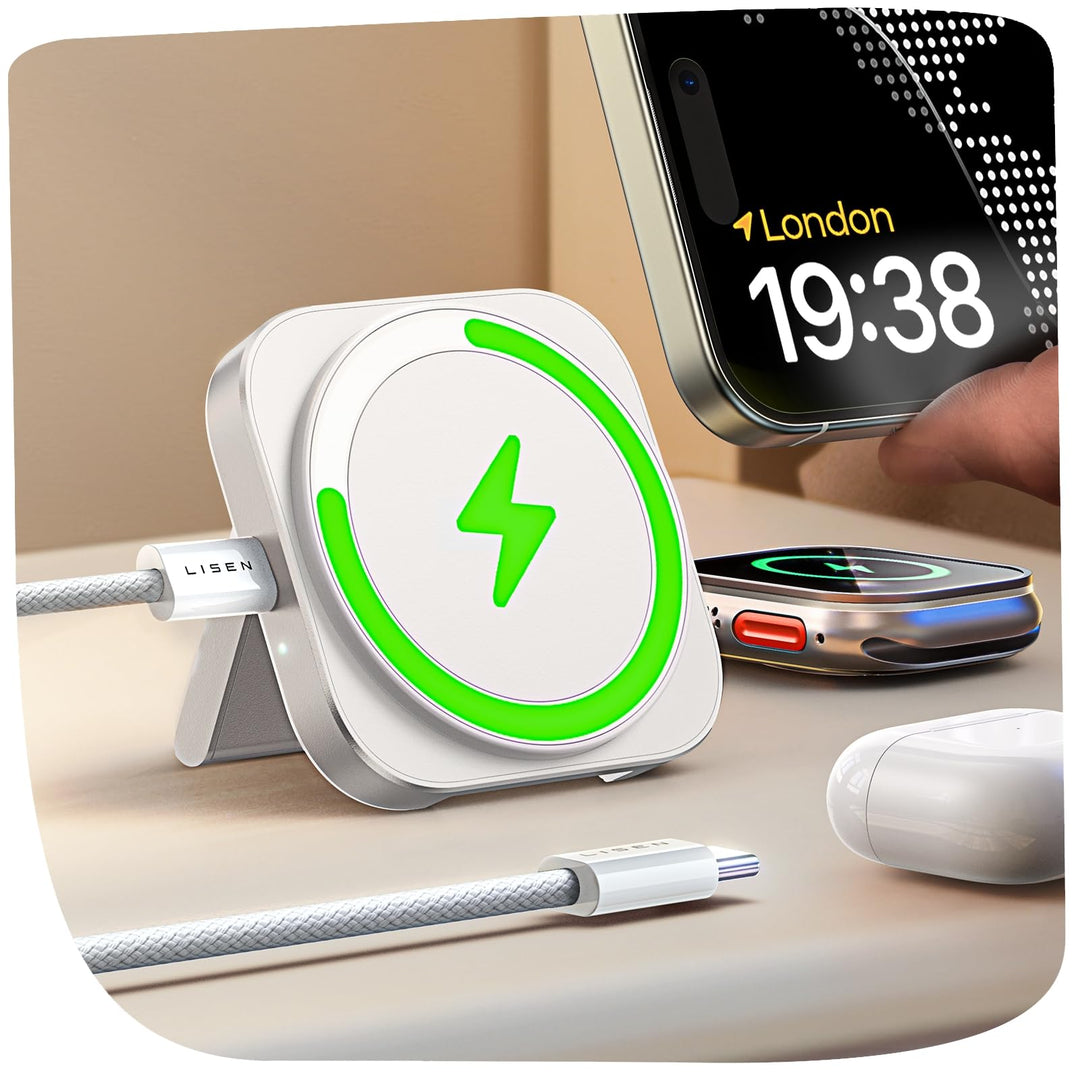 LISEN Induktive Ladestation für Apple Watch Und iPhone [Super Tragbar] Magsafe Ladestation,Reisen Wi