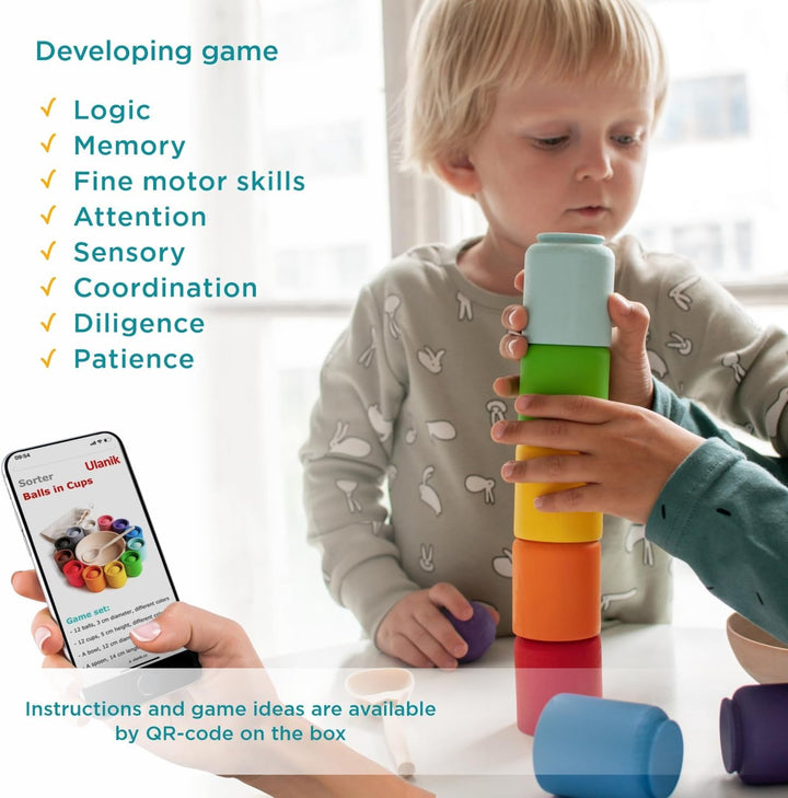 Ulanik Bälle in Tassen Kleinkinder Montessori Spielzeug ab 1 Jahr + Baby Sensorik Bälle Holzspiele z