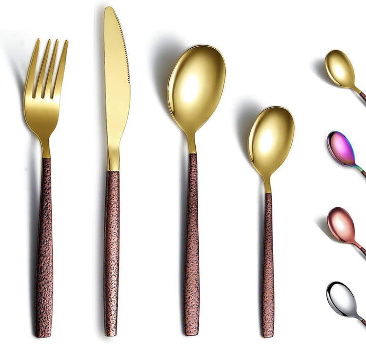 Berglander Besteck Set 24 Stück mit Mondoberfläche Griff und glänzendem Goldmund Titanbeschichtung,