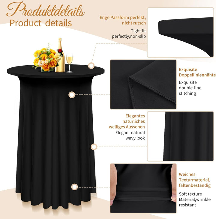 3 Packs Spandex Cocktail Tischdecke mit Röcken 80x110cm, schwarzer Stretch Cocktail Tisch für hohen