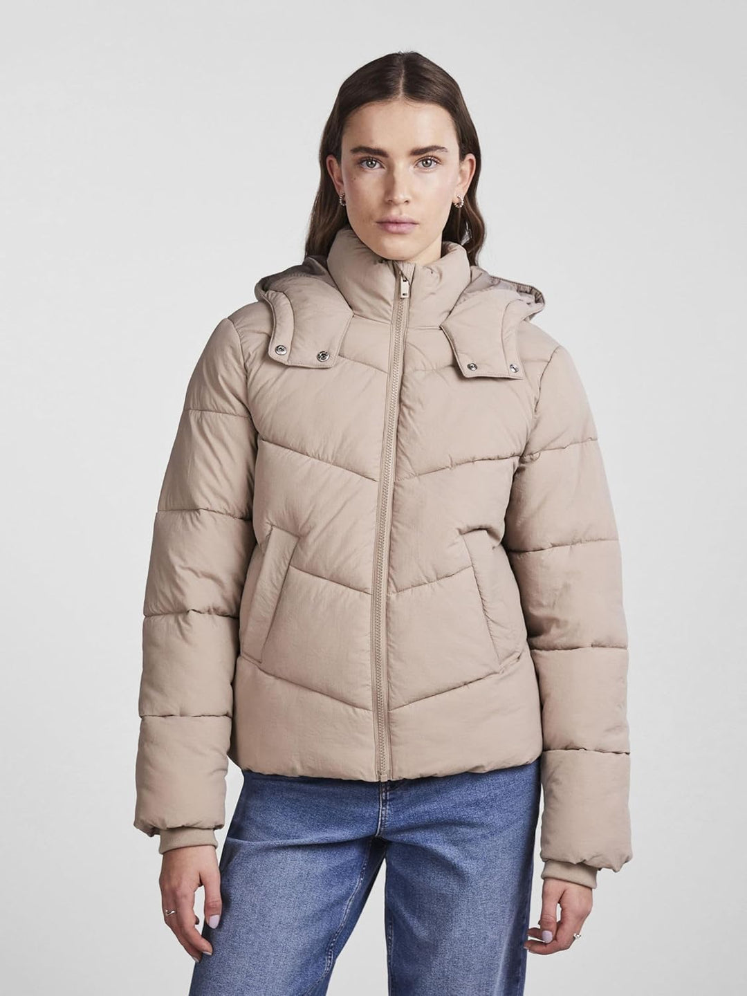 PIECES Short Puffer Jacket S Silver Mink, S Silver Mink