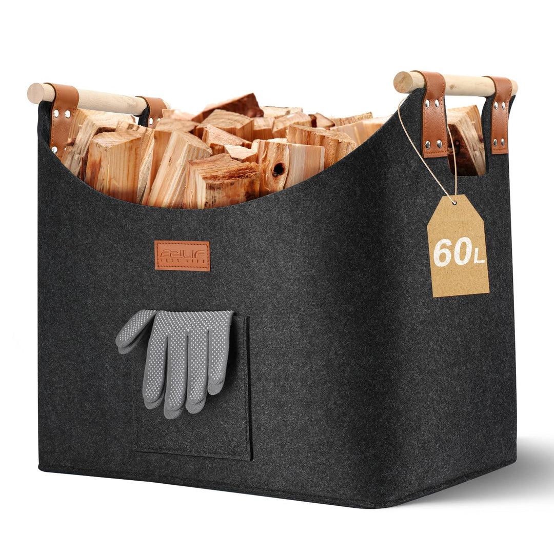 Holzkorb für Kaminholz XL mit Doppelt Verstärkten Leder 45x32x40 cm | Kaminholzkorb Gross aus Filz 6