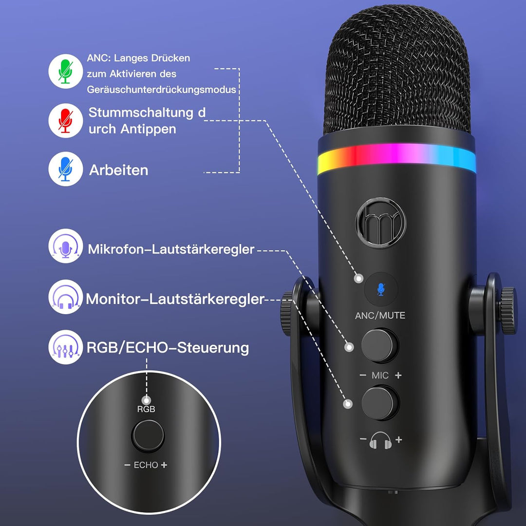 zealsound USB Mikrofon für PC iPhone, Plug & Play RGB Podcast Mikrofon mit Rauschunterdrückung & Stu