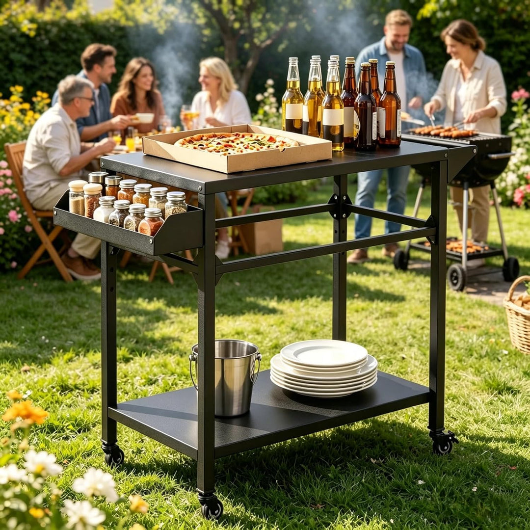 KOMFOTTEU Grillwagen mit 2 Ebenen, Gartenwagen mit Handtuchhalter &amp; Gewürzregal, Servierwagen für de