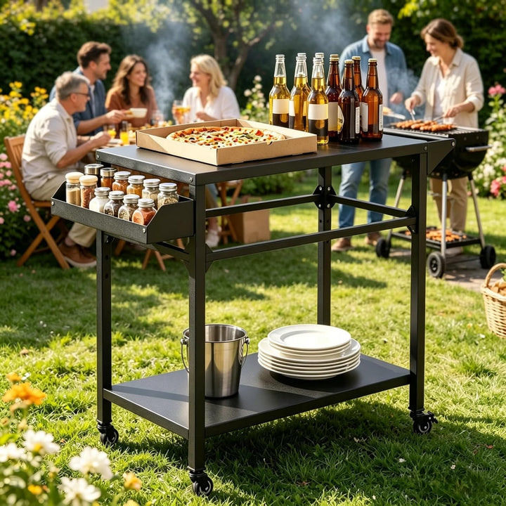 KOMFOTTEU Grillwagen mit 2 Ebenen, Gartenwagen mit Handtuchhalter &amp; Gewürzregal, Servierwagen für de