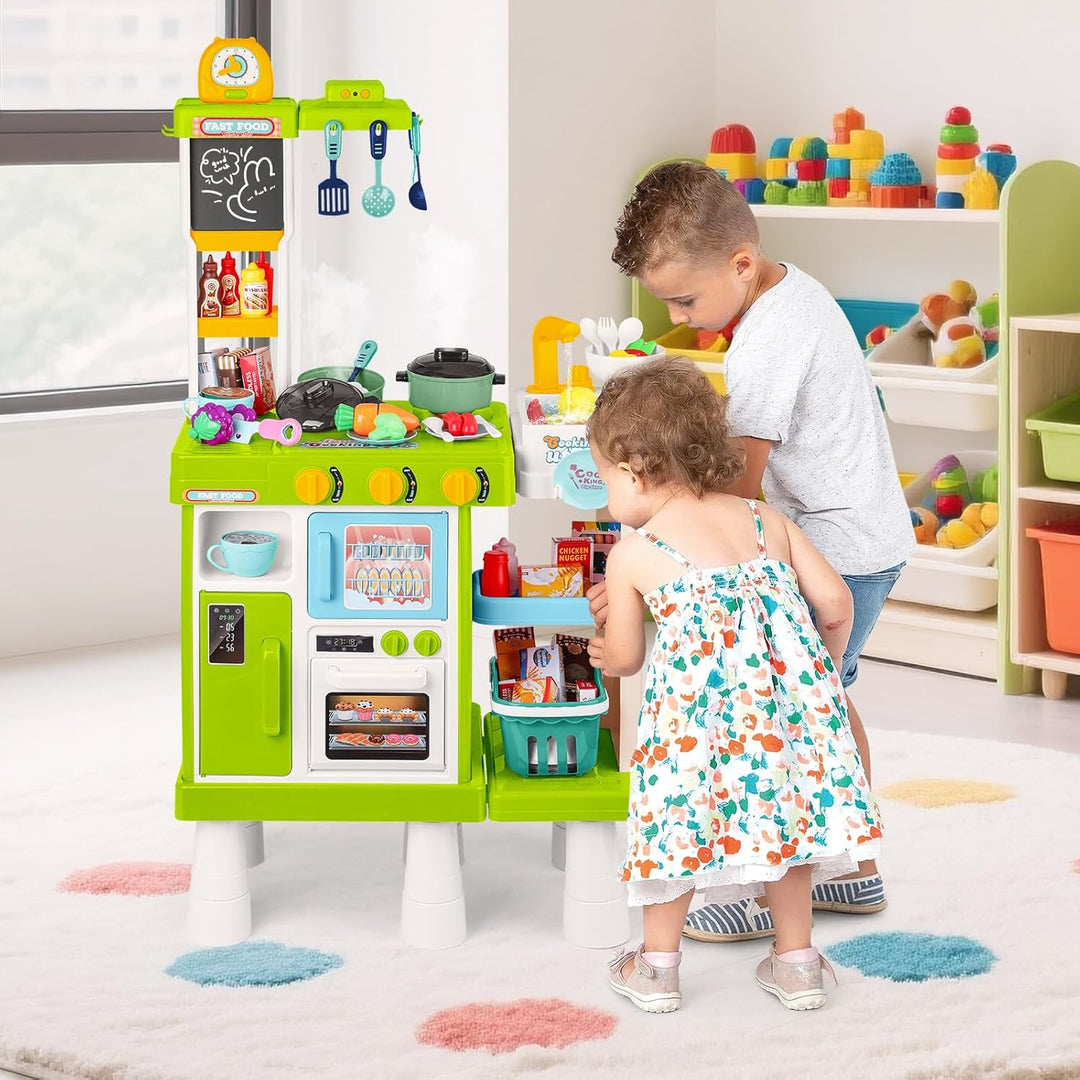 deAO Kinderküche Spielküche mit Wasserfunktion & Dampf, 54 Stck. Höhenverstellbar Küchenspielset mit