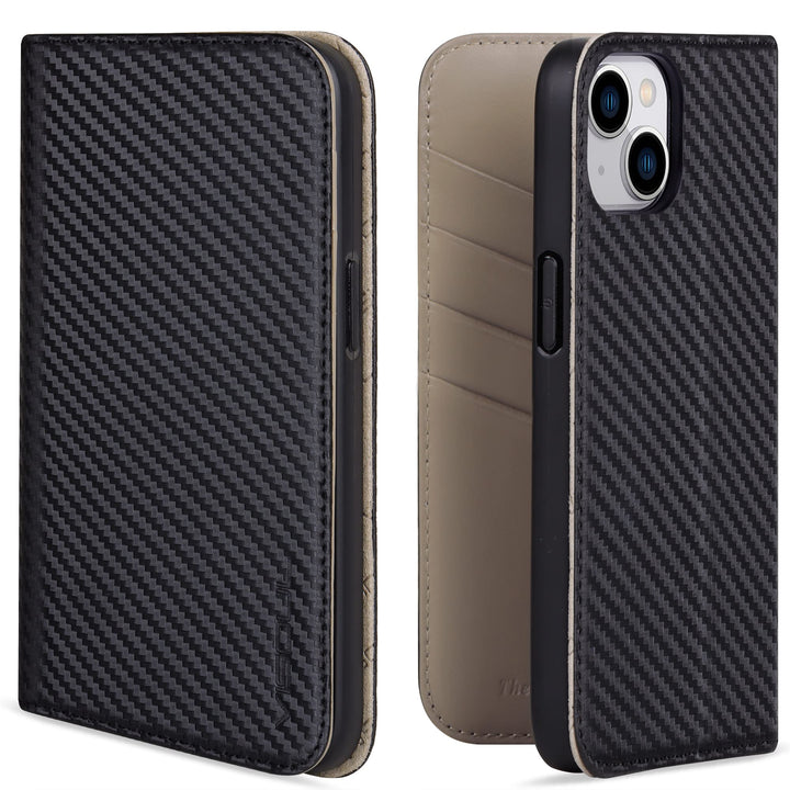 VISOUL iPhone 14 Plus Hülle, Handyhülle [100% Carbon Leder] [RFID Schutz] [Schützt vor Stoss] [Stand
