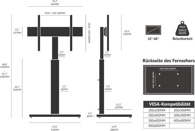 FITUEYES Weisser TV Ständer TV Bodenständer höhenverstellbar schwenkbar für 32 bis 60 Zoll Flach & C