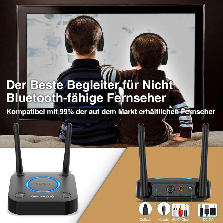 1Mii B06TX Bluetooth 5.3 Sender für TV, Bluetooth Transmitter mit aptX HD &amp; Low Latency, 2 Kopfhörer