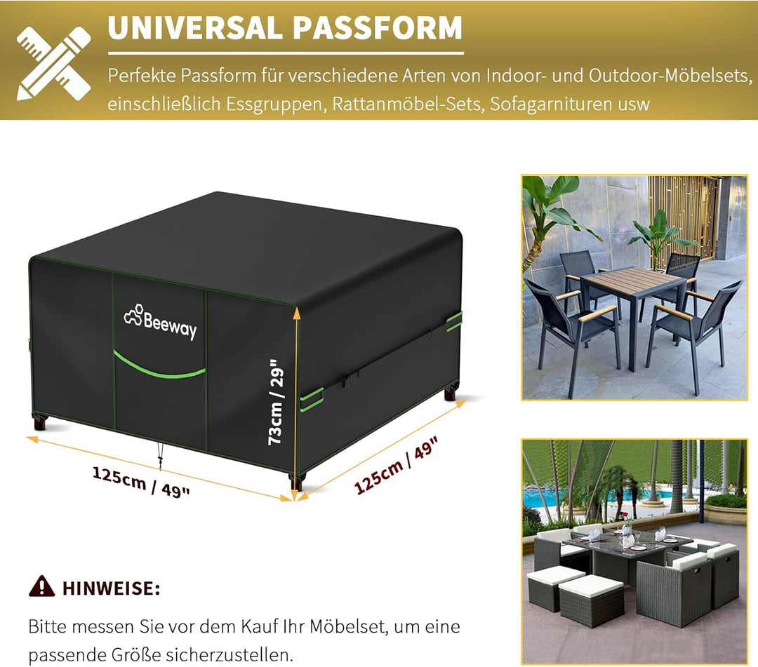 BEEWAY Gartenmöbel Abdeckung Wasserdicht V2.0 125x125x73cm, Schutzhülle Abdeckplane für Gartentische