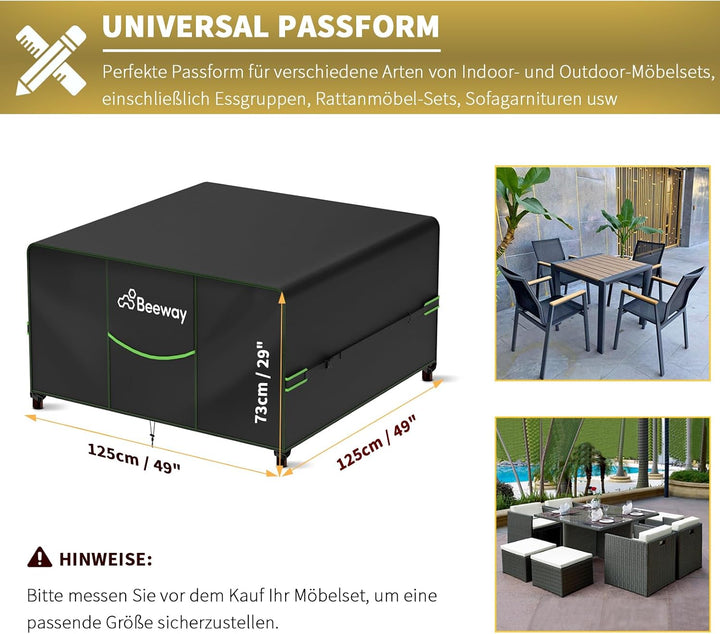 BEEWAY Gartenmöbel Abdeckung Wasserdicht V2.0 125x125x73cm, Schutzhülle Abdeckplane für Gartentische
