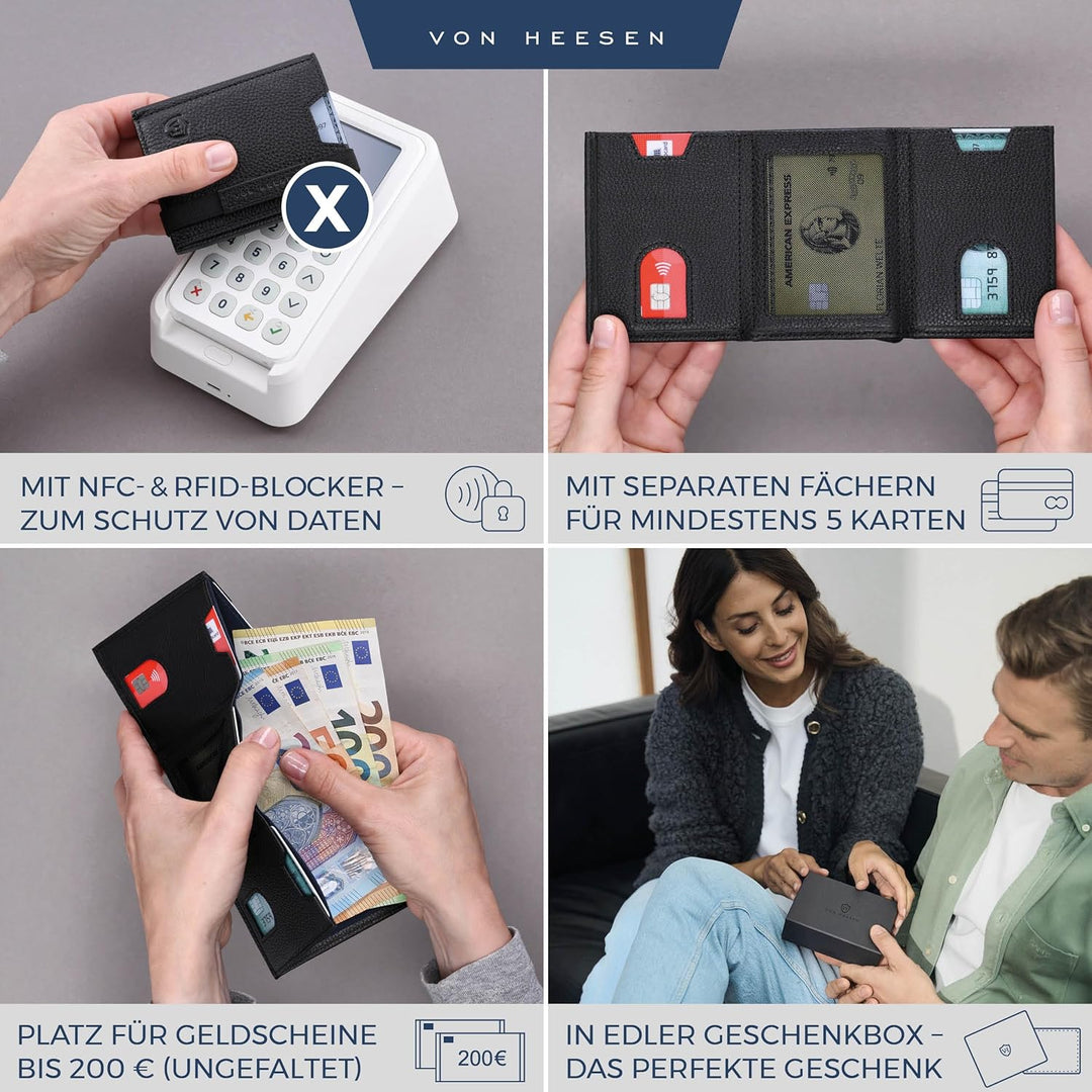 VON HEESEN Slim Wallet mit Münzfach &amp; RFID-Schutz - Leder Geldbeutel - Mini Geldbörse für Herren und