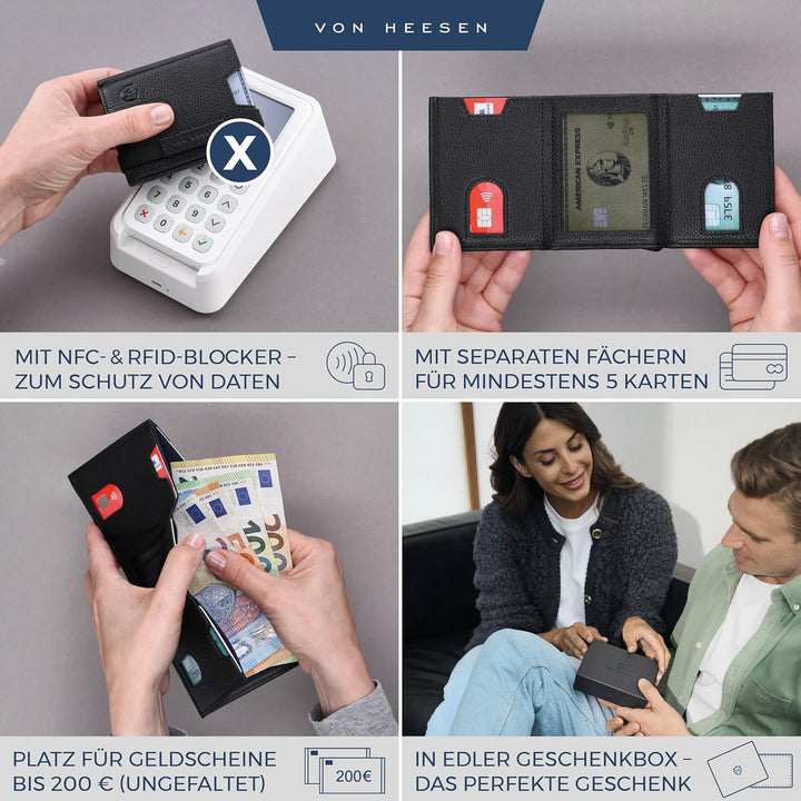 VON HEESEN Slim Wallet mit Münzfach &amp; RFID-Schutz - Leder Geldbeutel - Mini Geldbörse für Herren und