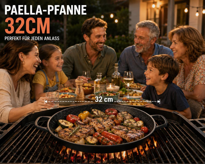ROYAL SWISS Paella Pfanne 32 cm Schwarz, Aluminiumguss Paellera mit Marmor Antihaftbeschichtung, Ind