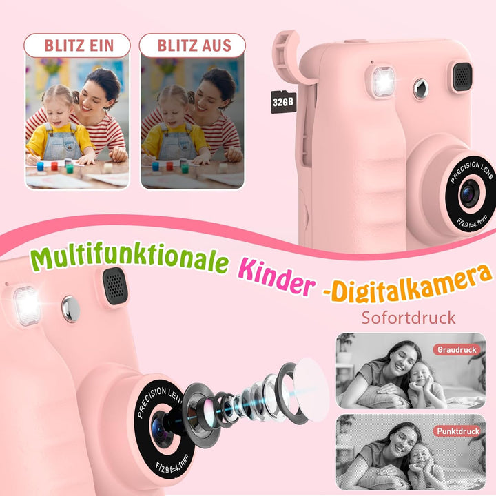Kinderkamera Sofortbildkamera, Spielzeug ab 3-6 Jahren 2.4" HD Bildschirm Kinderkamera mit 32 GB Ges