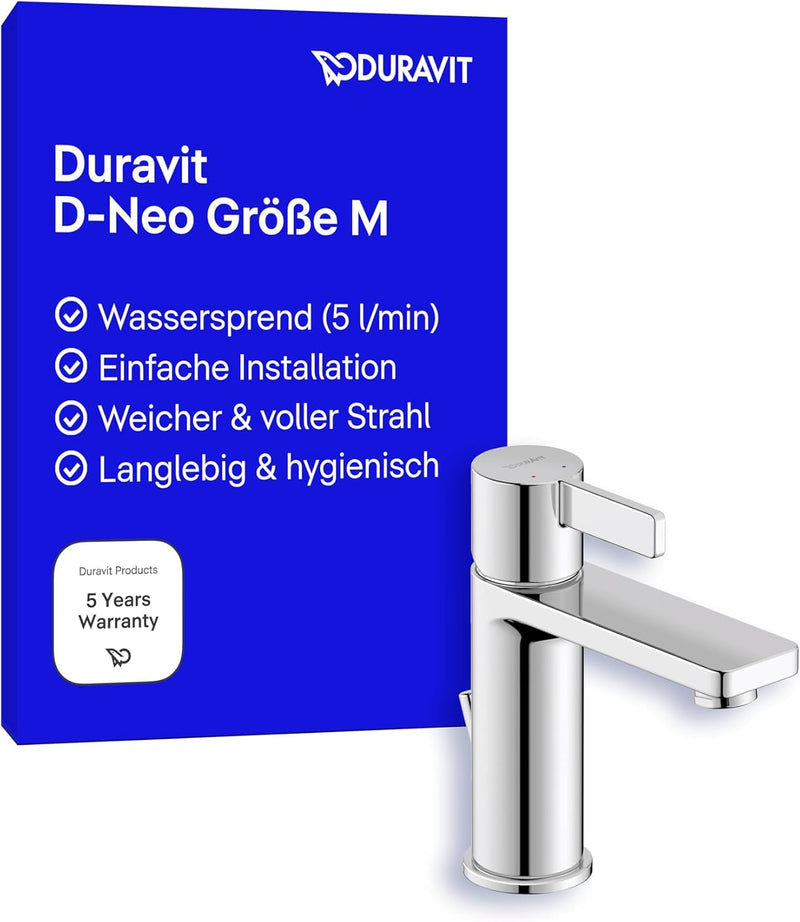 Duravit D-Neo Waschtischarmatur, Grösse M (Auslauf Höhe 110 mm). Wasserhahn Bad mit Zugstangen-Ablau