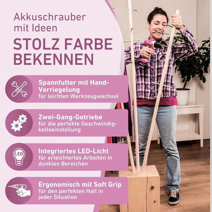 Extol Lady Akku Bohrschrauber Set 27-tlg. I 12V Li-Ion Frauen Akku-Schrauber Pink mit Schlagfunktion