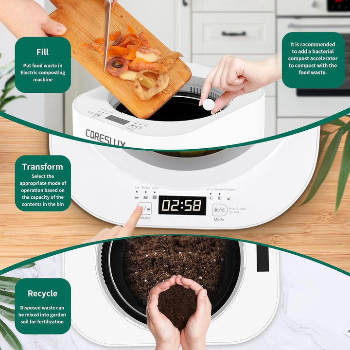 CORESLUX 4L Elektrischer Komposter, Kompostbehälter Geruchsdichter, Selbstreinigend, Küchenkomposter
